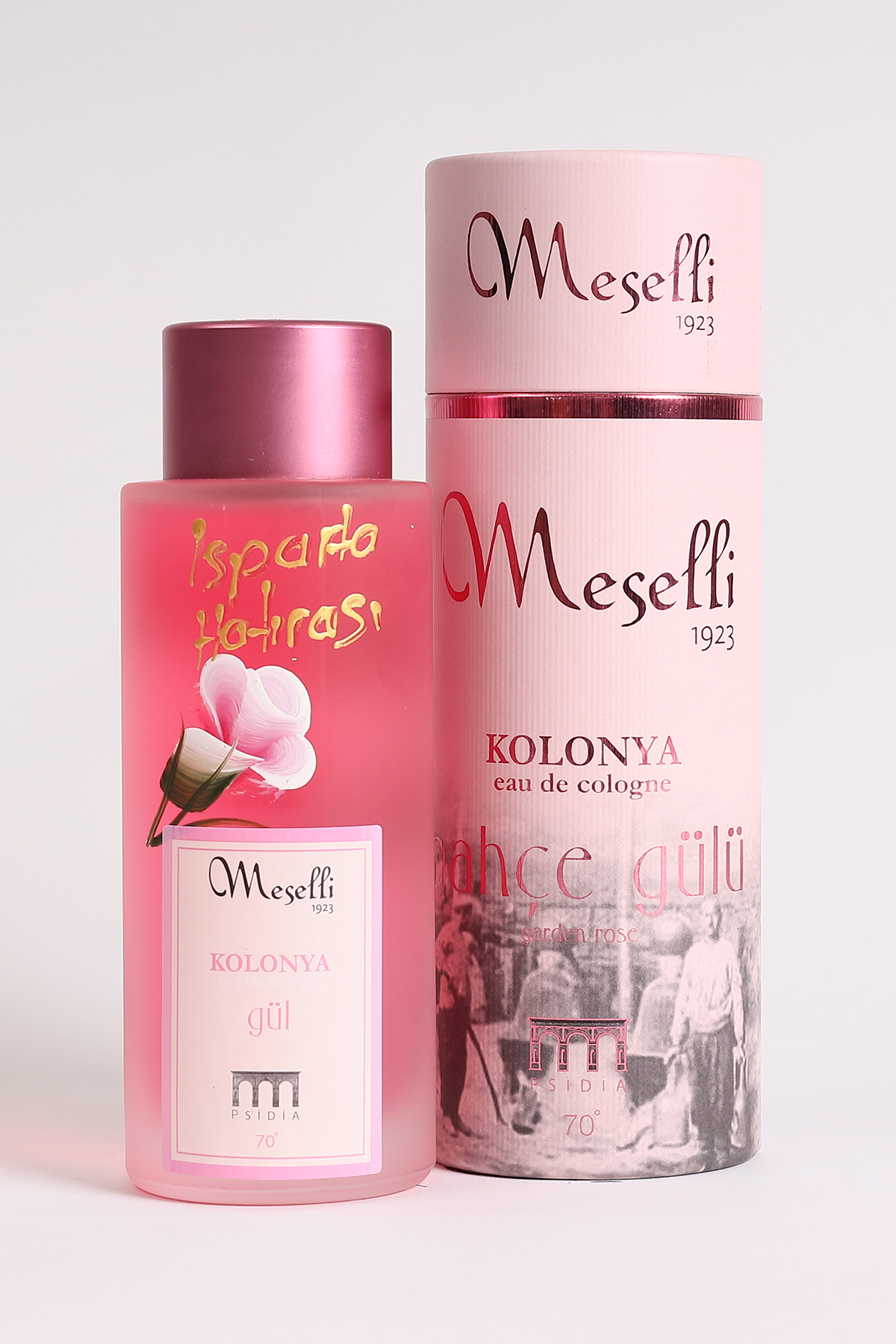 Meselli Bahçe Gülü Kolonyası 240ml El Boyaması Cam Şişe (Özel Varaklı Hediyelik Kutu)